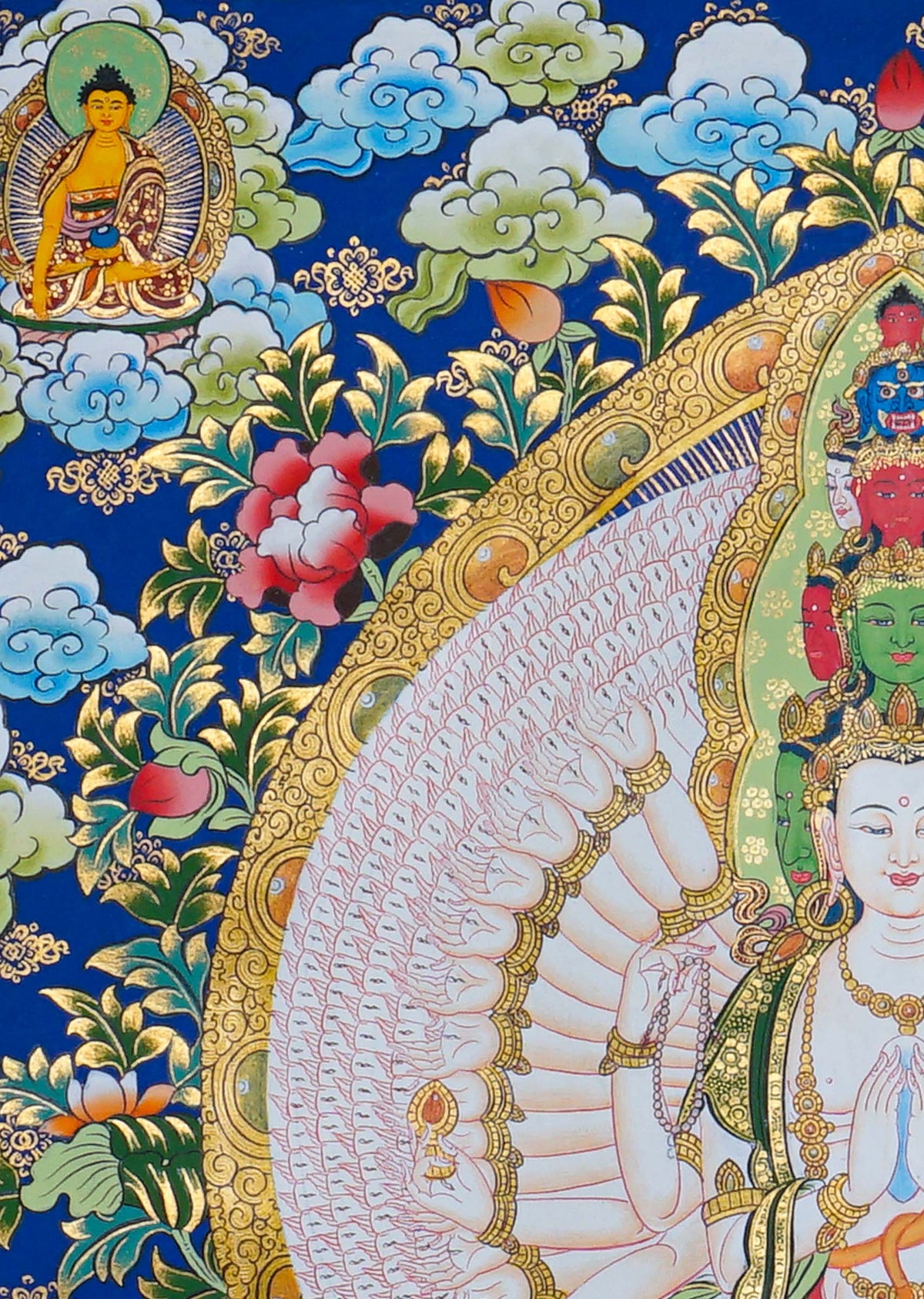 Hand painted Avalokeshwor Thangka painting depicting the compassionate Buddhist deity with multiple arms in traditional Nepalese Buddhist art