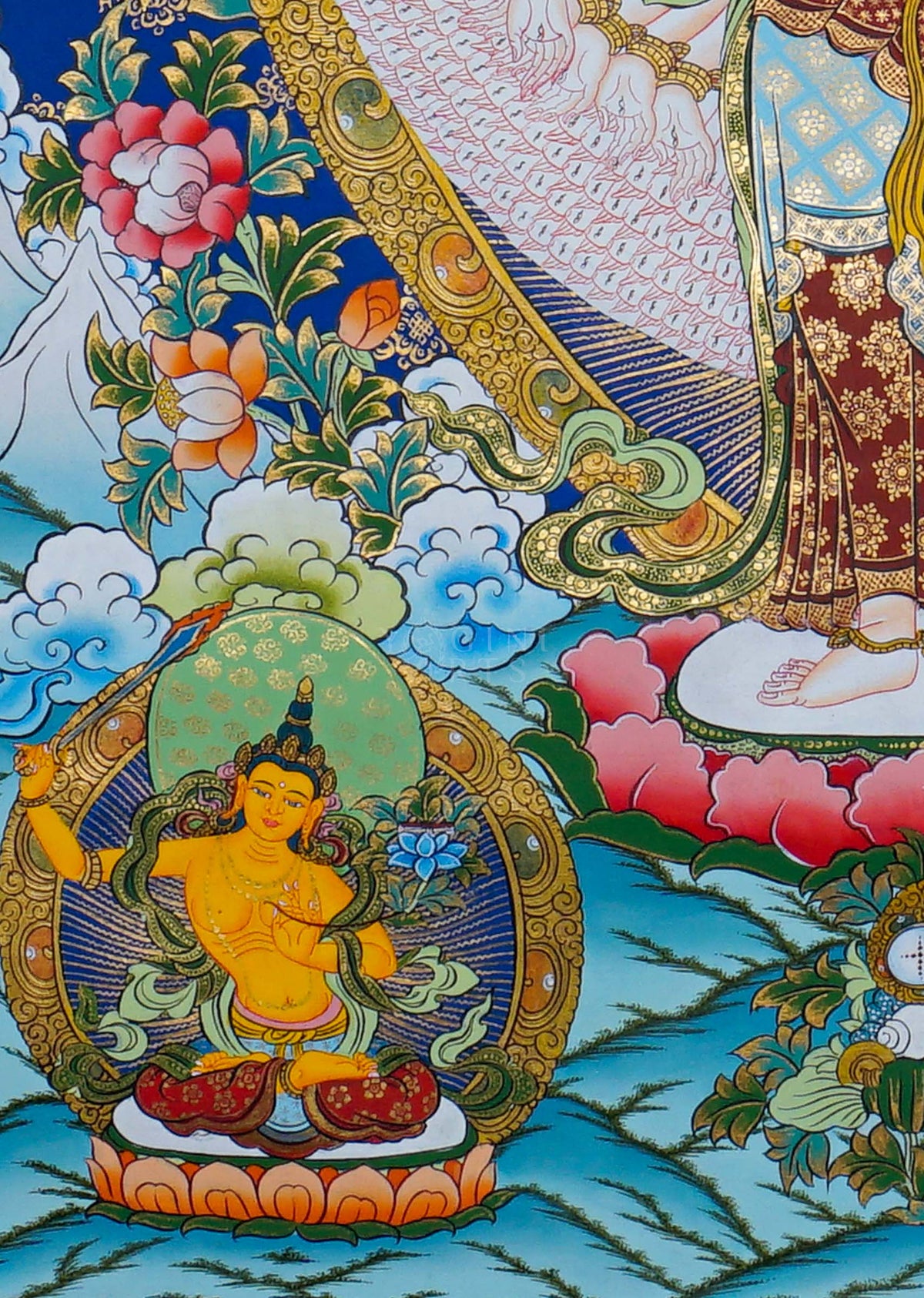 Hand painted Avalokeshwor Thangka painting depicting the compassionate Buddhist deity with multiple arms in traditional Nepalese Buddhist art