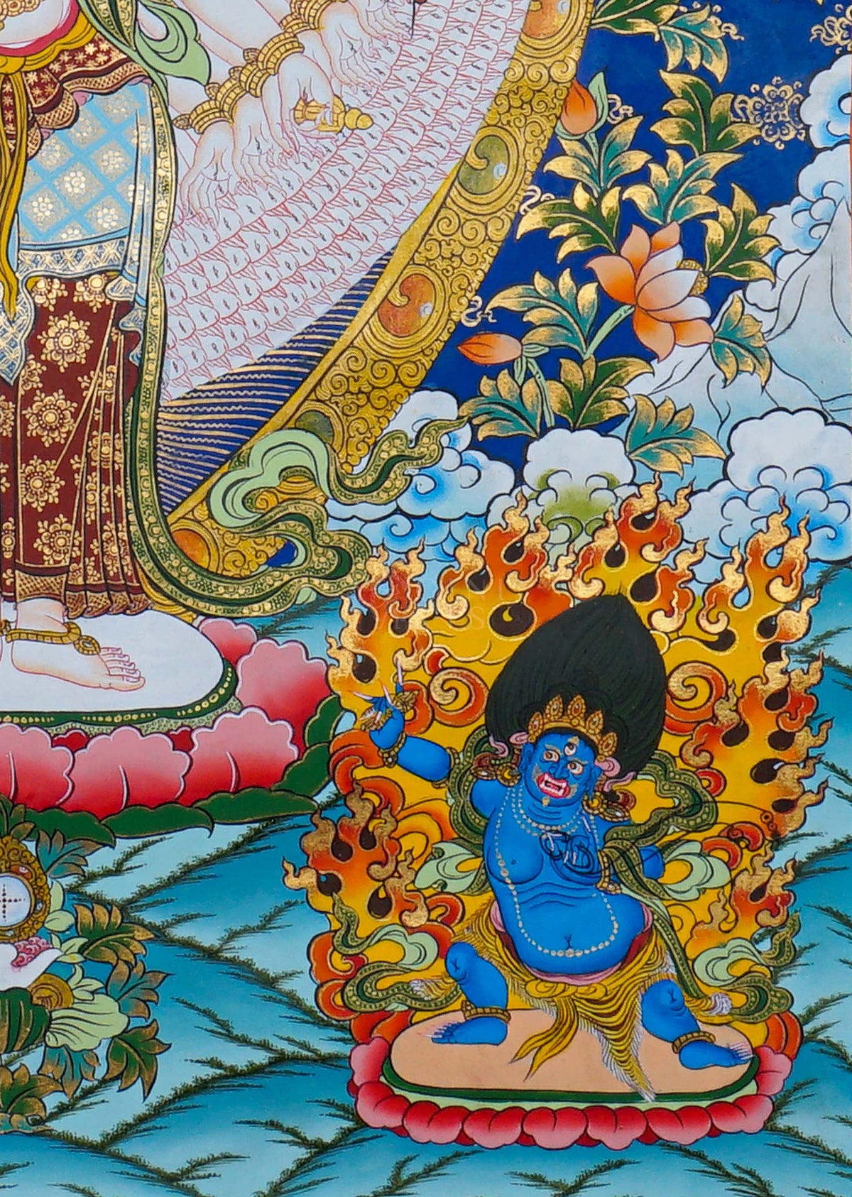 Hand painted Avalokeshwor Thangka painting depicting the compassionate Buddhist deity with multiple arms in traditional Nepalese Buddhist art