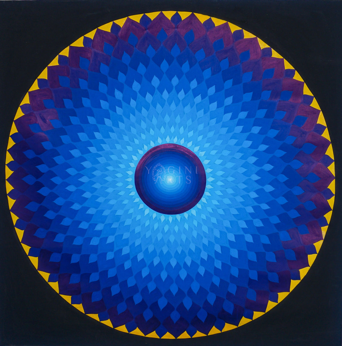 Blue Lotus Mandala Thangka painting with layered blue and purple petals, golden-yellow accents, a central blue circle, and a dark background, 70 x 70 cm