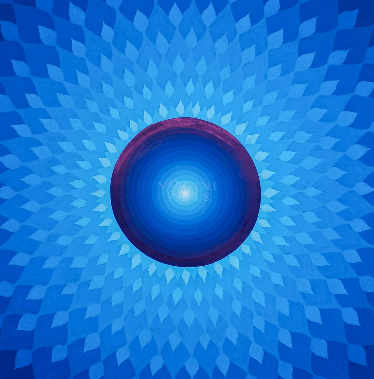 Blue Lotus Mandala Thangka painting with layered blue and purple petals, golden-yellow accents, a central blue circle, and a dark background, 70 x 70 cm