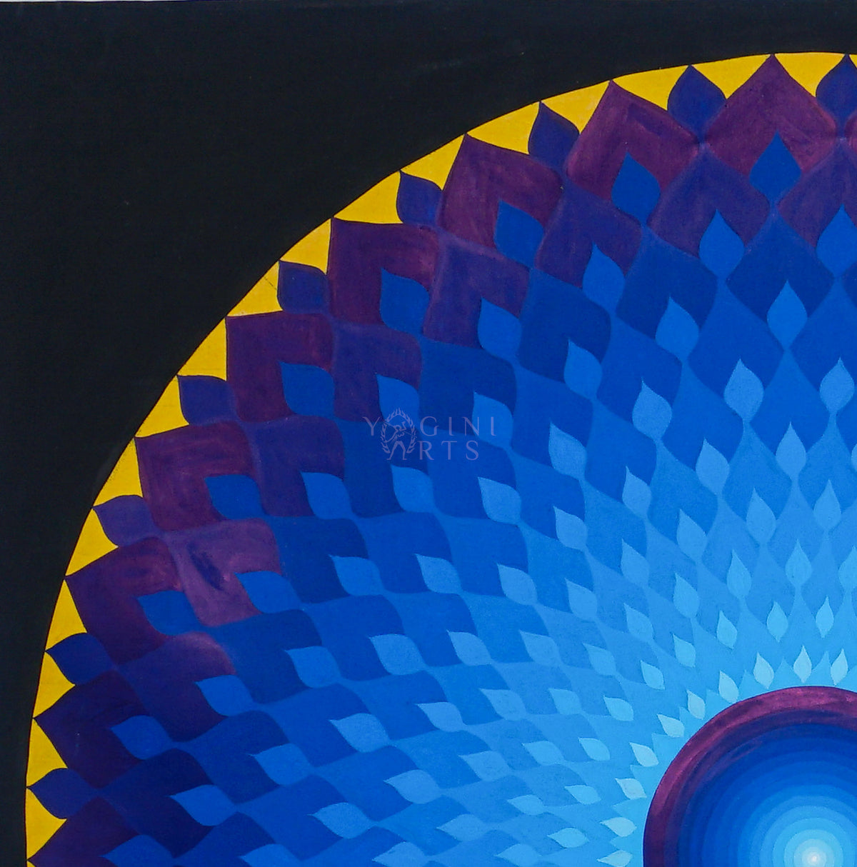 Blue Lotus Mandala Thangka painting with layered blue and purple petals, golden-yellow accents, a central blue circle, and a dark background, 70 x 70 cm