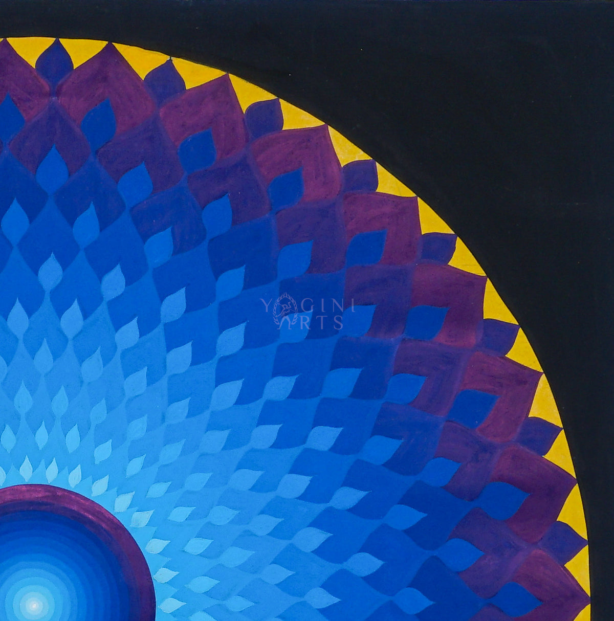 Blue Lotus Mandala Thangka painting with layered blue and purple petals, golden-yellow accents, a central blue circle, and a dark background, 70 x 70 cm