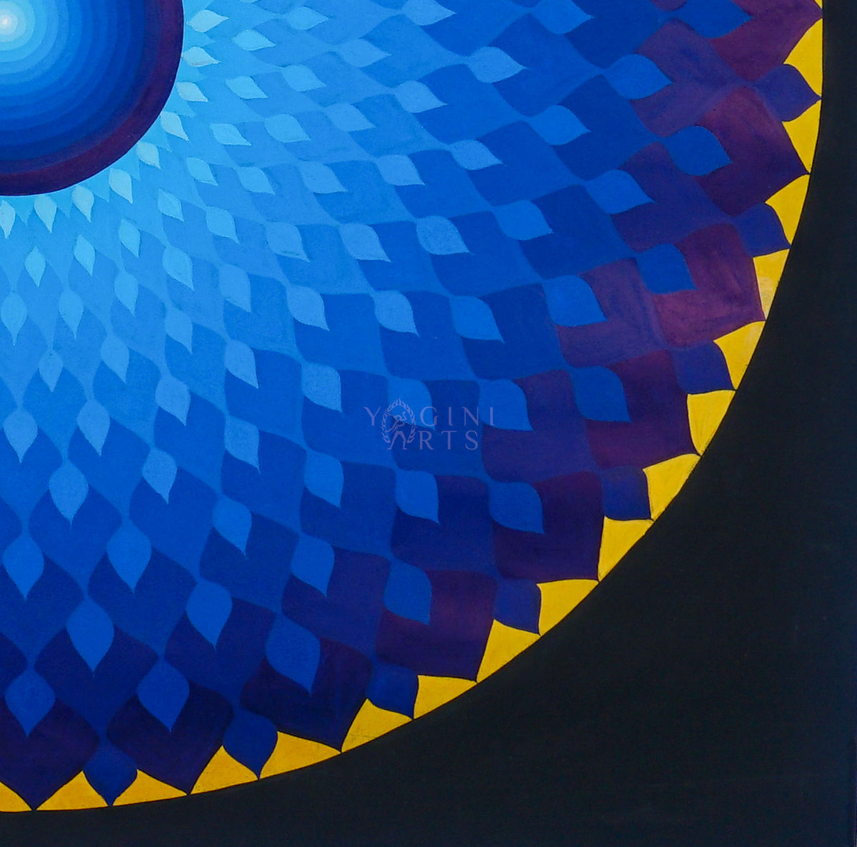 Blue Lotus Mandala Thangka painting with layered blue and purple petals, golden-yellow accents, a central blue circle, and a dark background, 70 x 70 cm