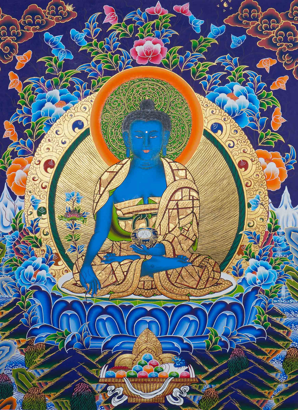 Hand painted Medicine Buddha Thangka painting depicting the blue Medicine Buddha seated on a lotus throne in traditional Nepalese Buddhist art