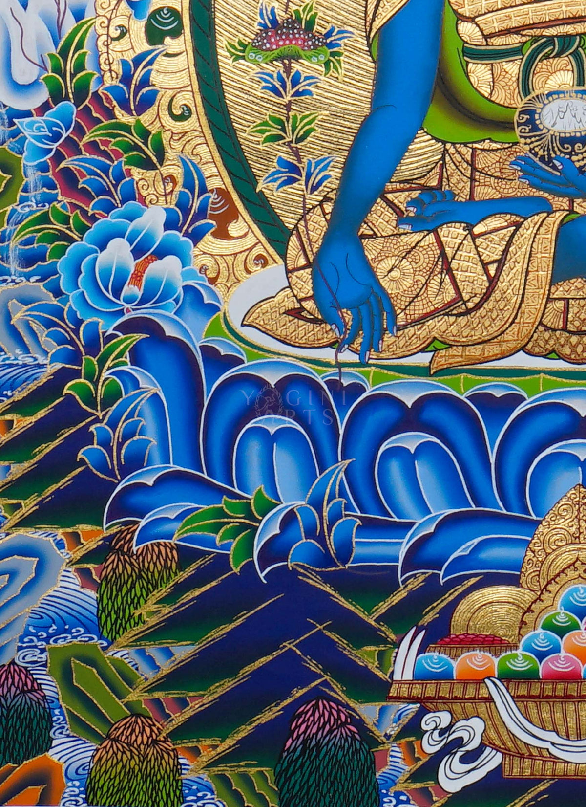 Hand painted Medicine Buddha Thangka painting depicting the blue Medicine Buddha seated on a lotus throne in traditional Nepalese Buddhist art