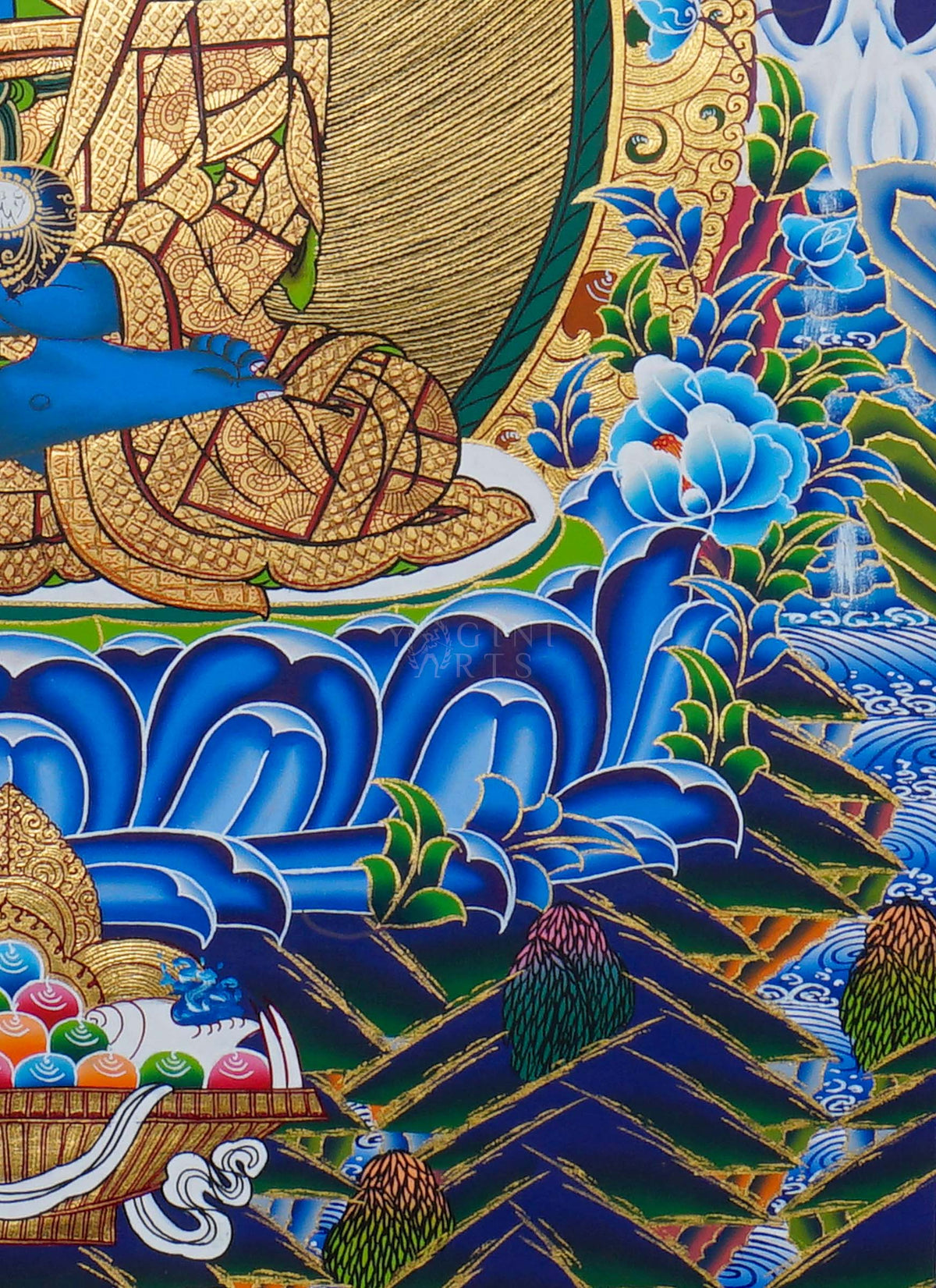 Hand painted Medicine Buddha Thangka painting depicting the blue Medicine Buddha seated on a lotus throne in traditional Nepalese Buddhist art