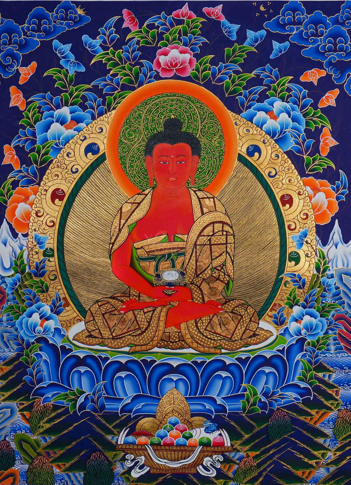 Hand painted Amitabha Buddha Thangka painting depicting Amitabha seated on a lotus throne with intricate traditional Nepalese Buddhist artwork
