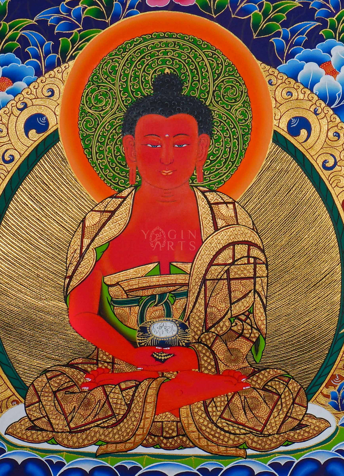 Hand painted Amitabha Buddha Thangka painting depicting Amitabha seated on a lotus throne with intricate traditional Nepalese Buddhist artwork