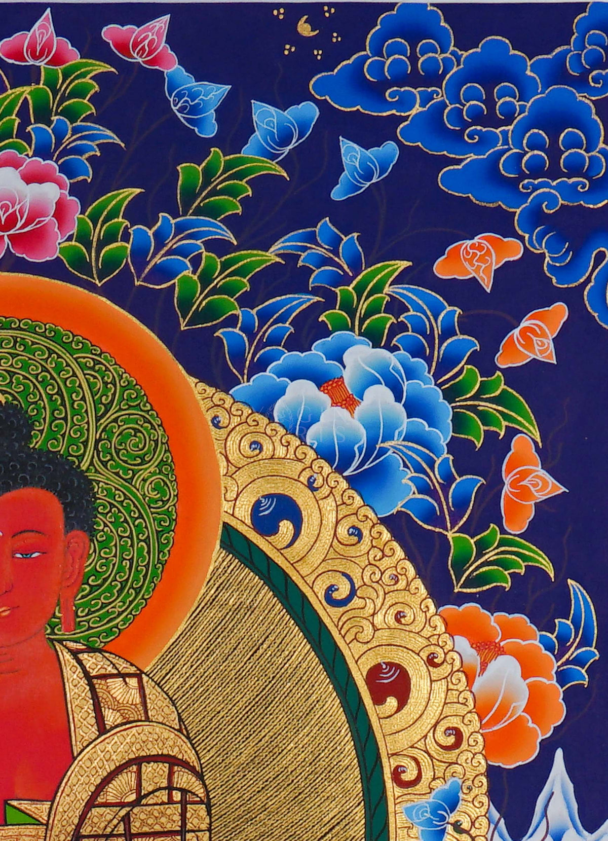 Hand painted Amitabha Buddha Thangka painting depicting Amitabha seated on a lotus throne with intricate traditional Nepalese Buddhist artwork