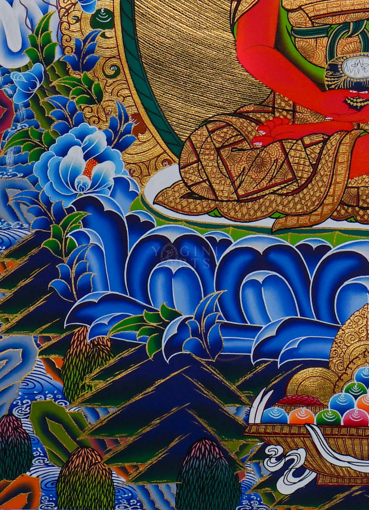 Hand painted Amitabha Buddha Thangka painting depicting Amitabha seated on a lotus throne with intricate traditional Nepalese Buddhist artwork