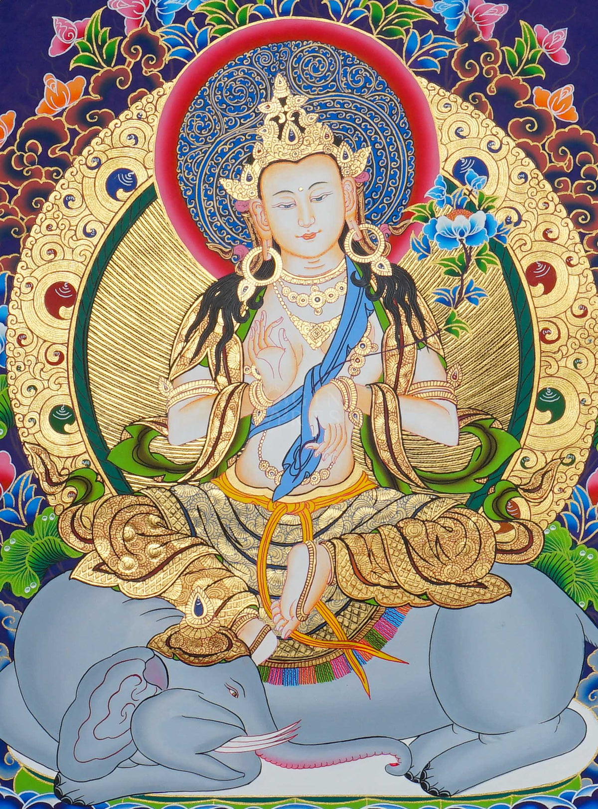 Hand painted Fusen Fusa Thangka painting depicting Samantabhadra Bodhisattva seated on a white elephant in traditional Nepalese Buddhist art