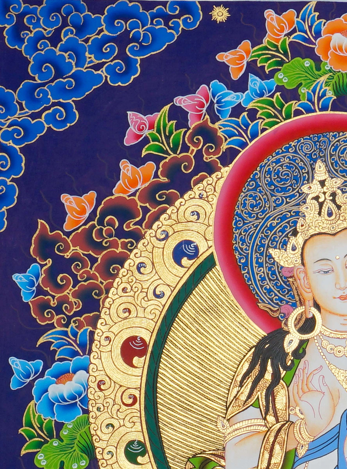 Hand painted Fusen Fusa Thangka painting depicting Samantabhadra Bodhisattva seated on a white elephant in traditional Nepalese Buddhist art