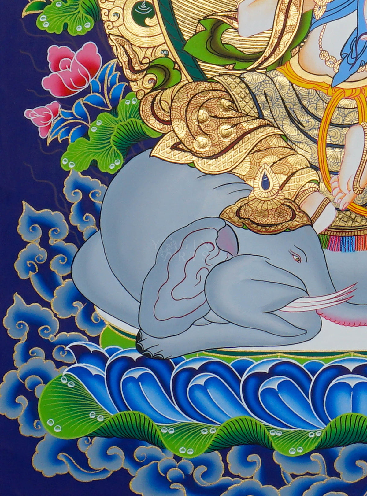 Hand painted Fusen Fusa Thangka painting depicting Samantabhadra Bodhisattva seated on a white elephant in traditional Nepalese Buddhist art