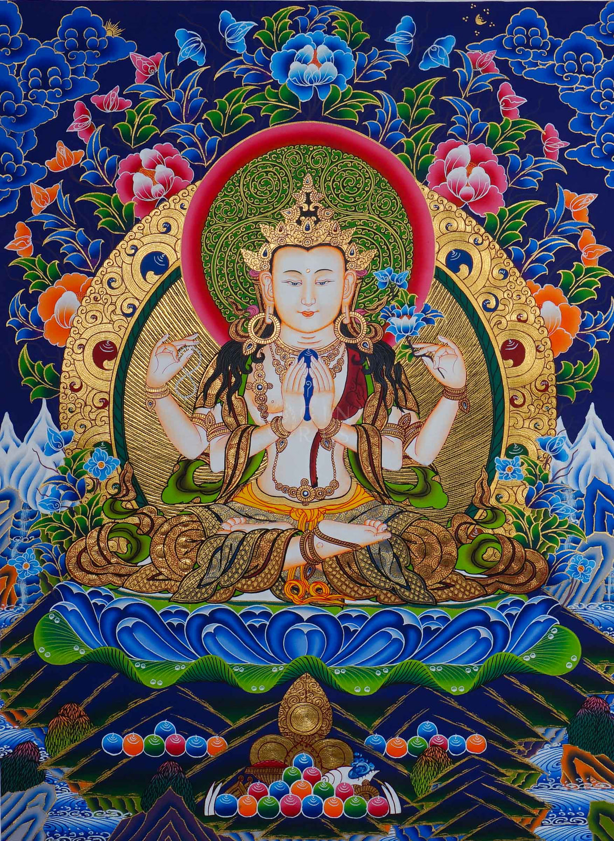 Hand painted Chengresi Thangka painting depicting four-armed Avalokiteshvara seated on a lotus throne in traditional Nepalese Buddhist art