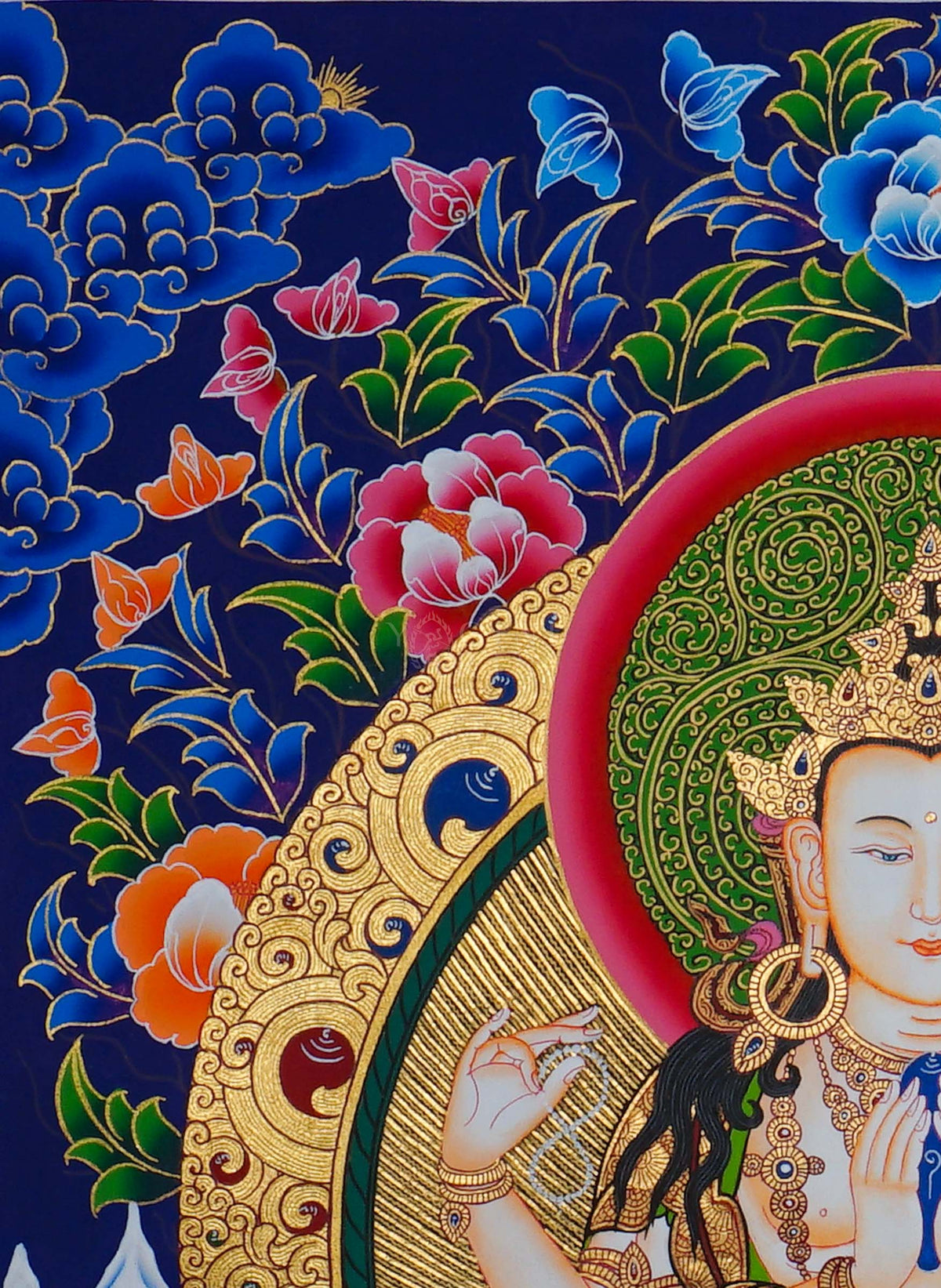 Hand painted Chengresi Thangka painting depicting four-armed Avalokiteshvara seated on a lotus throne in traditional Nepalese Buddhist art