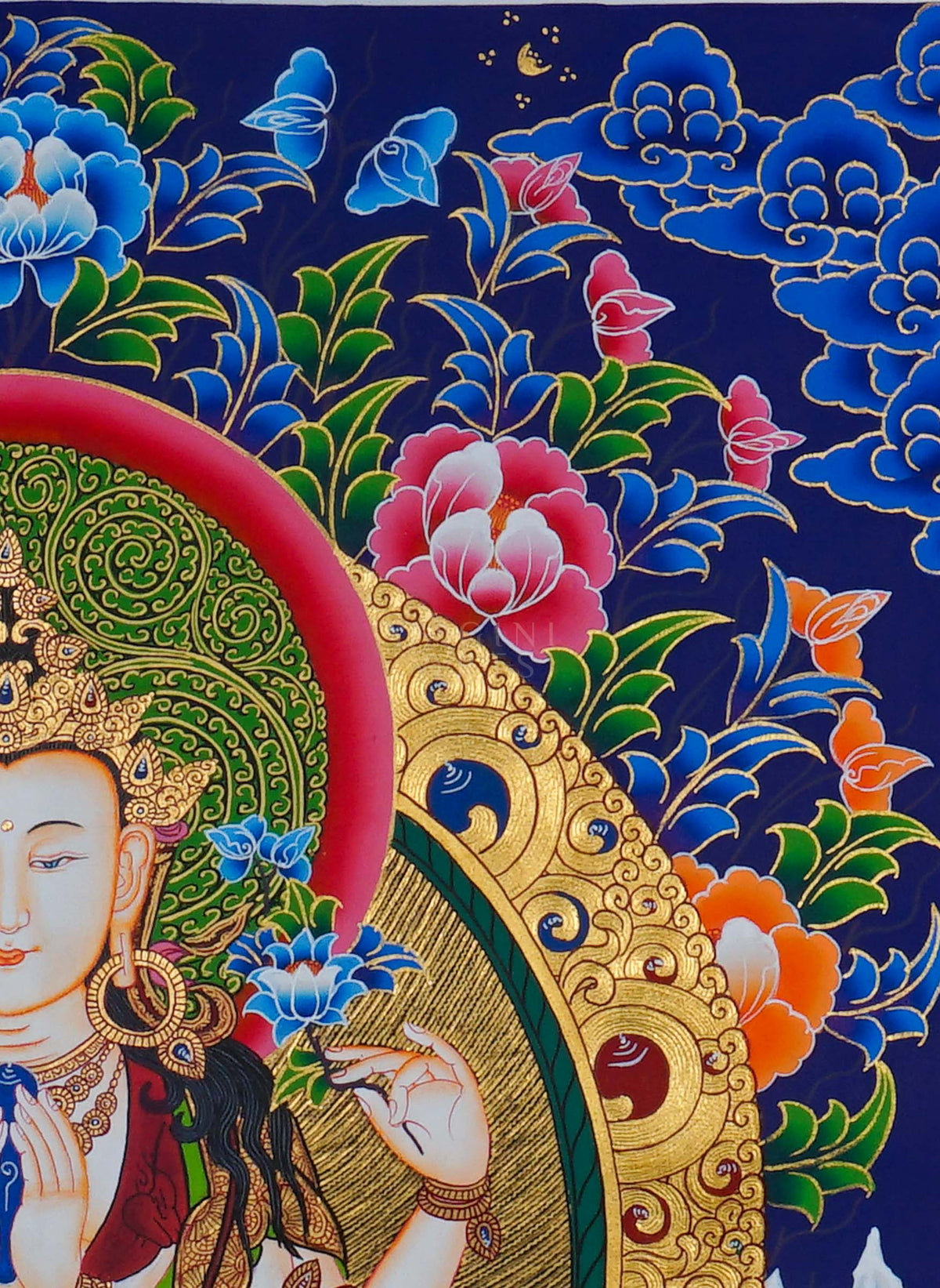 Hand painted Chengresi Thangka painting depicting four-armed Avalokiteshvara seated on a lotus throne in traditional Nepalese Buddhist art