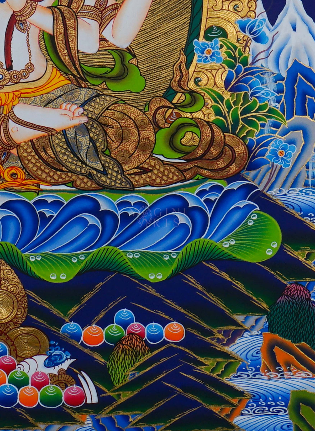 Hand painted Chengresi Thangka painting depicting four-armed Avalokiteshvara seated on a lotus throne in traditional Nepalese Buddhist art