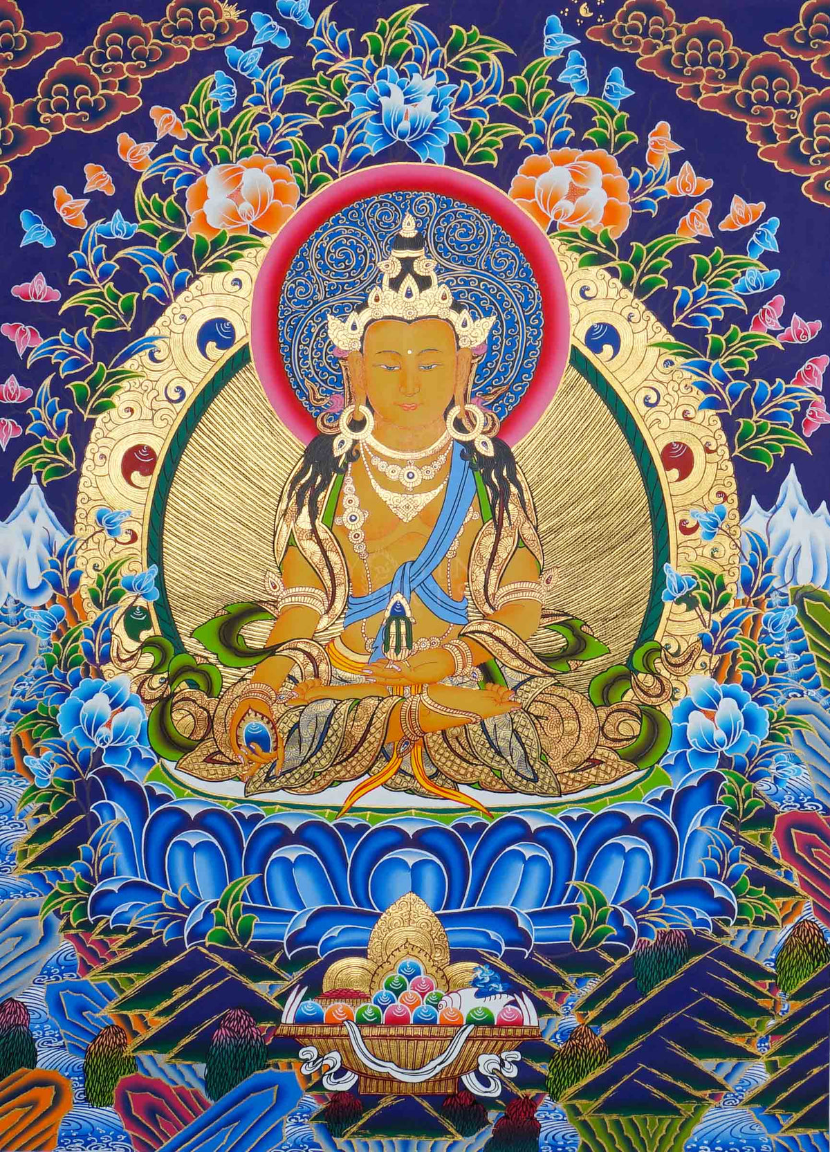 Hand painted Amitayus Thangka painting depicting the Buddha of Long Life seated in meditation on a lotus throne