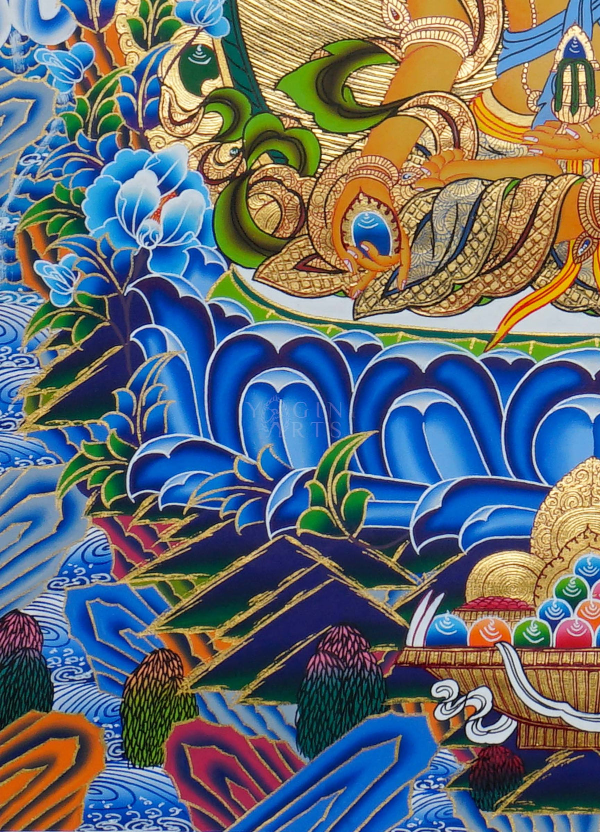 Hand painted Amitayus Thangka painting depicting the Buddha of Long Life seated in meditation on a lotus throne