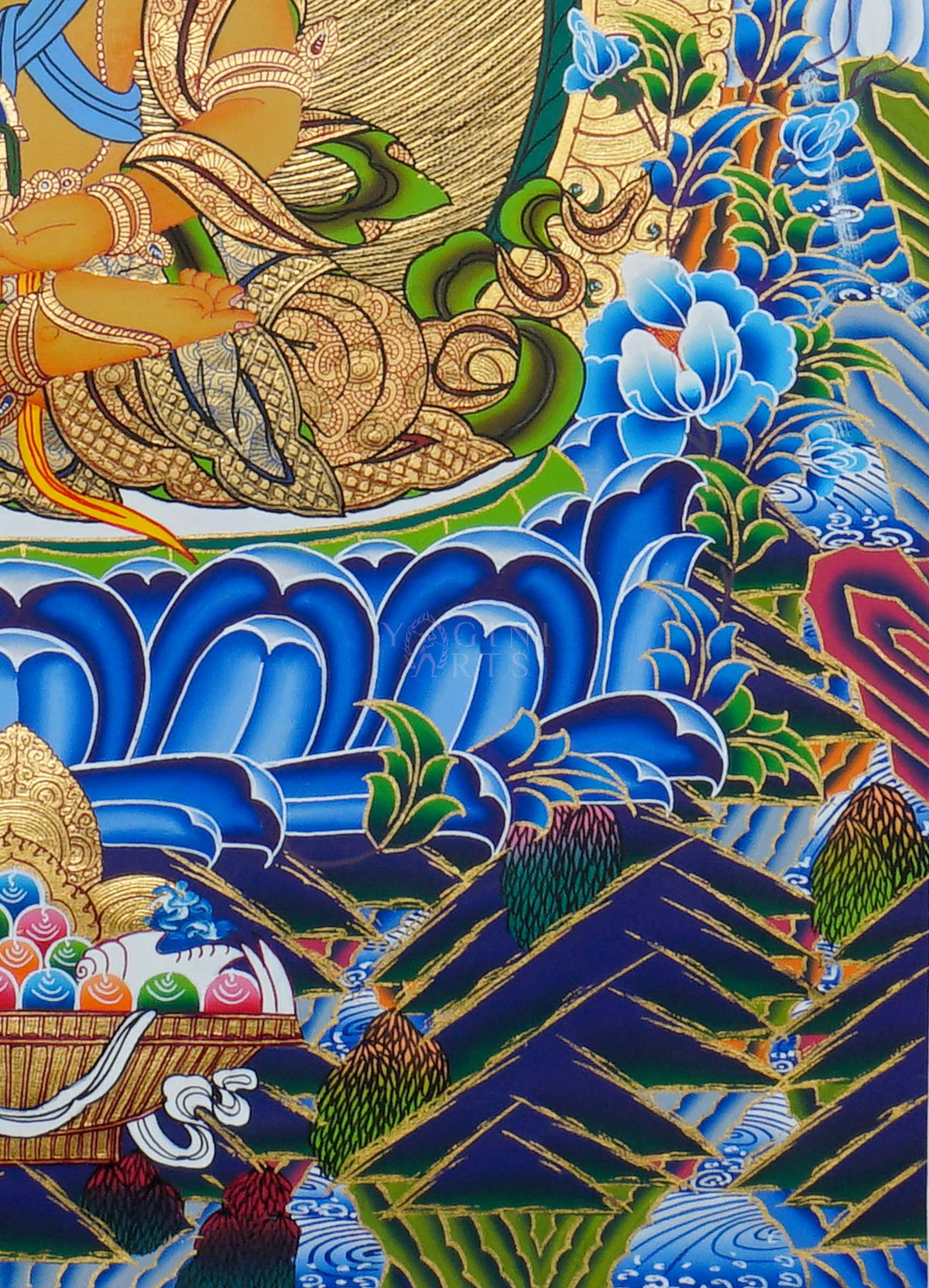 Hand painted Amitayus Thangka painting depicting the Buddha of Long Life seated in meditation on a lotus throne