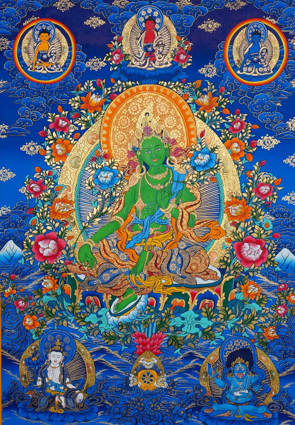 Hand painted Green Tara Thangka painting depicting Green Tara seated on a lotus throne surrounded by sacred Buddhist figures and floral motifs