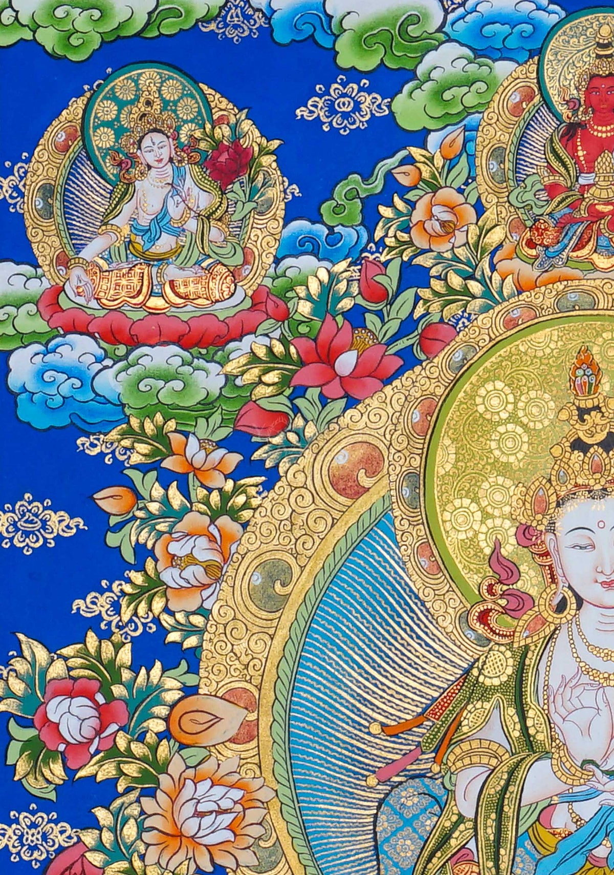 Hand painted Fusen Fusa Thangka painting depicting Fusen Fusa seated on a white elephant surrounded by flowers and Buddhist figures