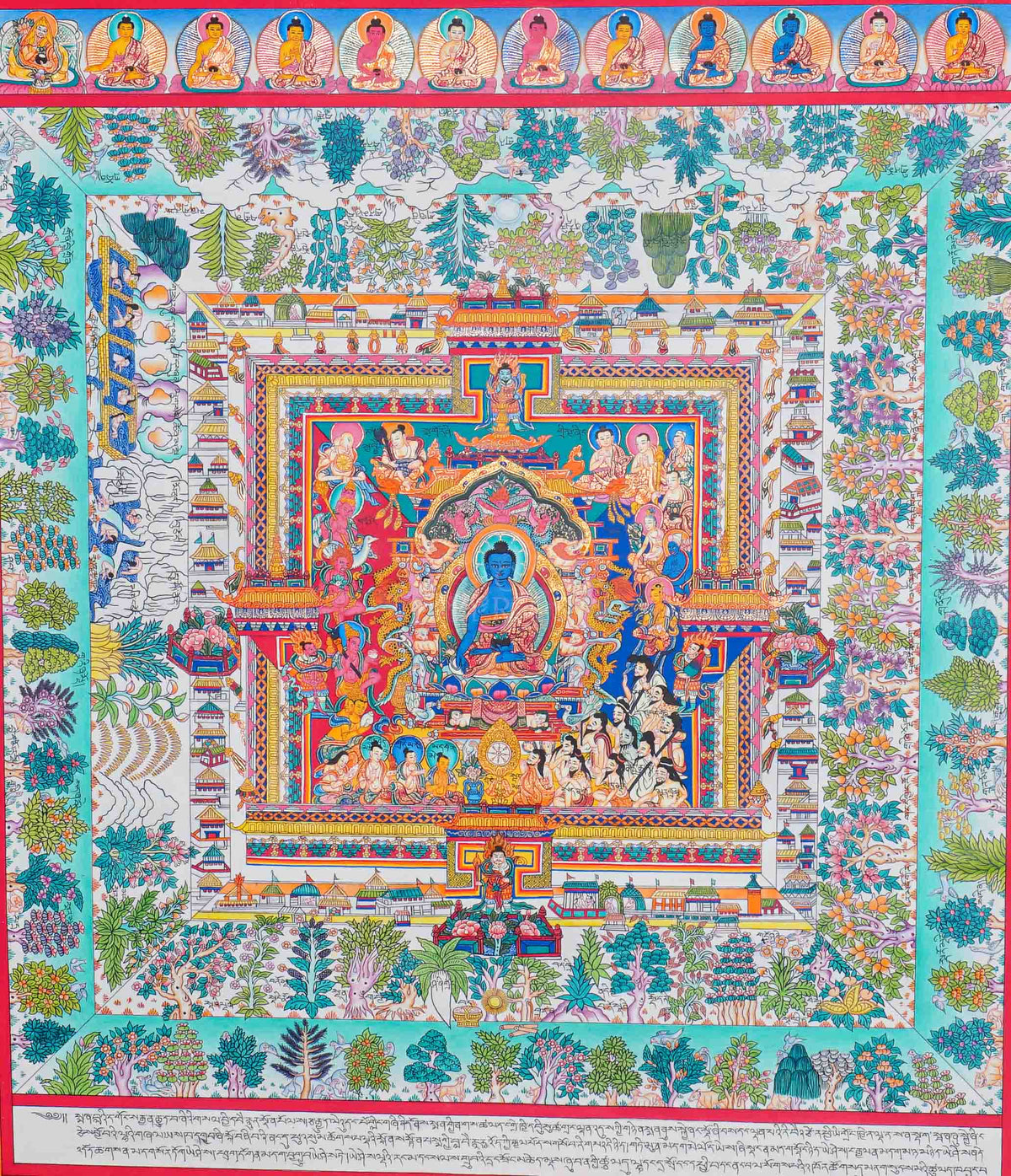 Medicine Plant Thangka painting featuring a central blue Buddha, medicinal plants, colorful flowers, traditional architecture, and smaller Buddha figures, 60 x 53 cm