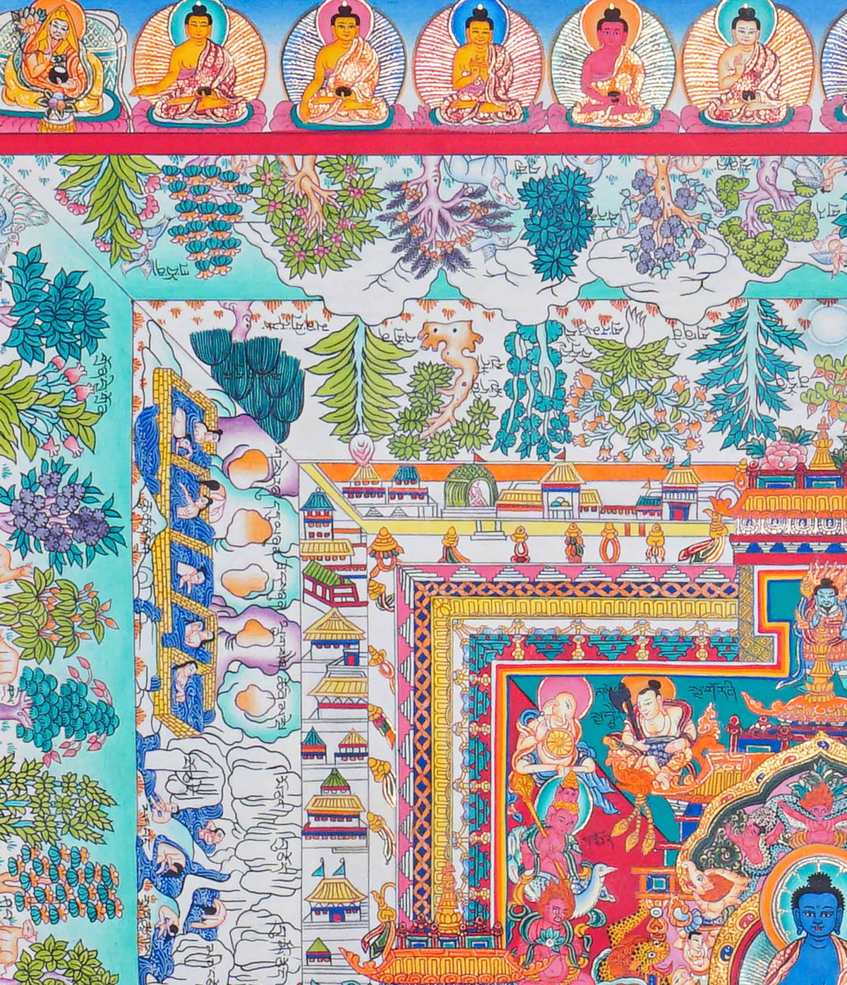 Medicine Plant Thangka painting featuring a central blue Buddha, medicinal plants, colorful flowers, traditional architecture, and smaller Buddha figures, 60 x 53 cm