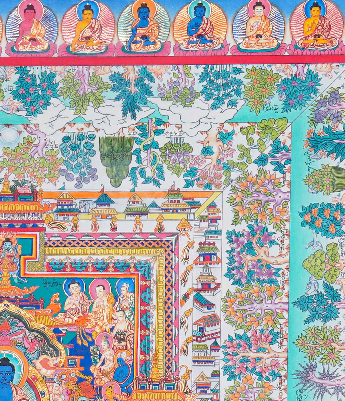 Medicine Plant Thangka painting featuring a central blue Buddha, medicinal plants, colorful flowers, traditional architecture, and smaller Buddha figures, 60 x 53 cm