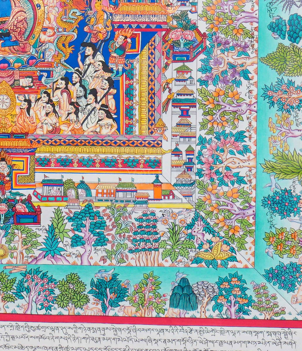 Medicine Plant Thangka painting featuring a central blue Buddha, medicinal plants, colorful flowers, traditional architecture, and smaller Buddha figures, 60 x 53 cm