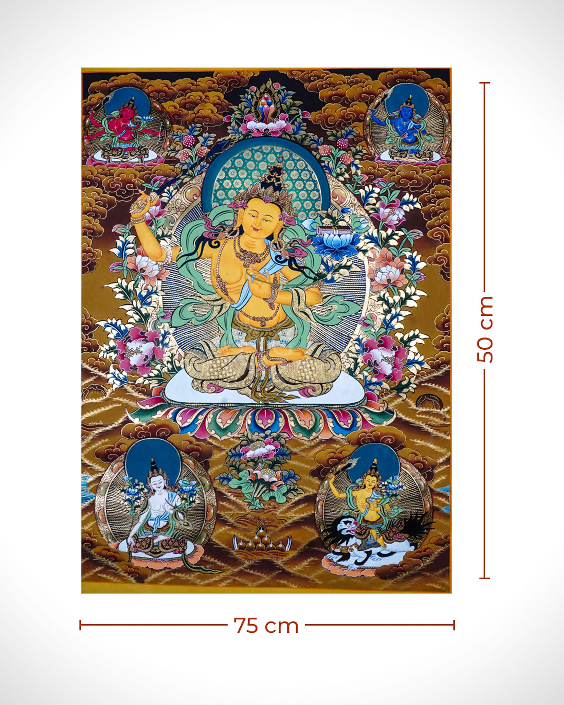 Tibetan thangka of Five Manjushree depicting the central golden Manjushree seated on a lotus throne, surrounded by four forms of Manjushree representing enlightened wisdom, hand-painted with traditional Himalayan iconography