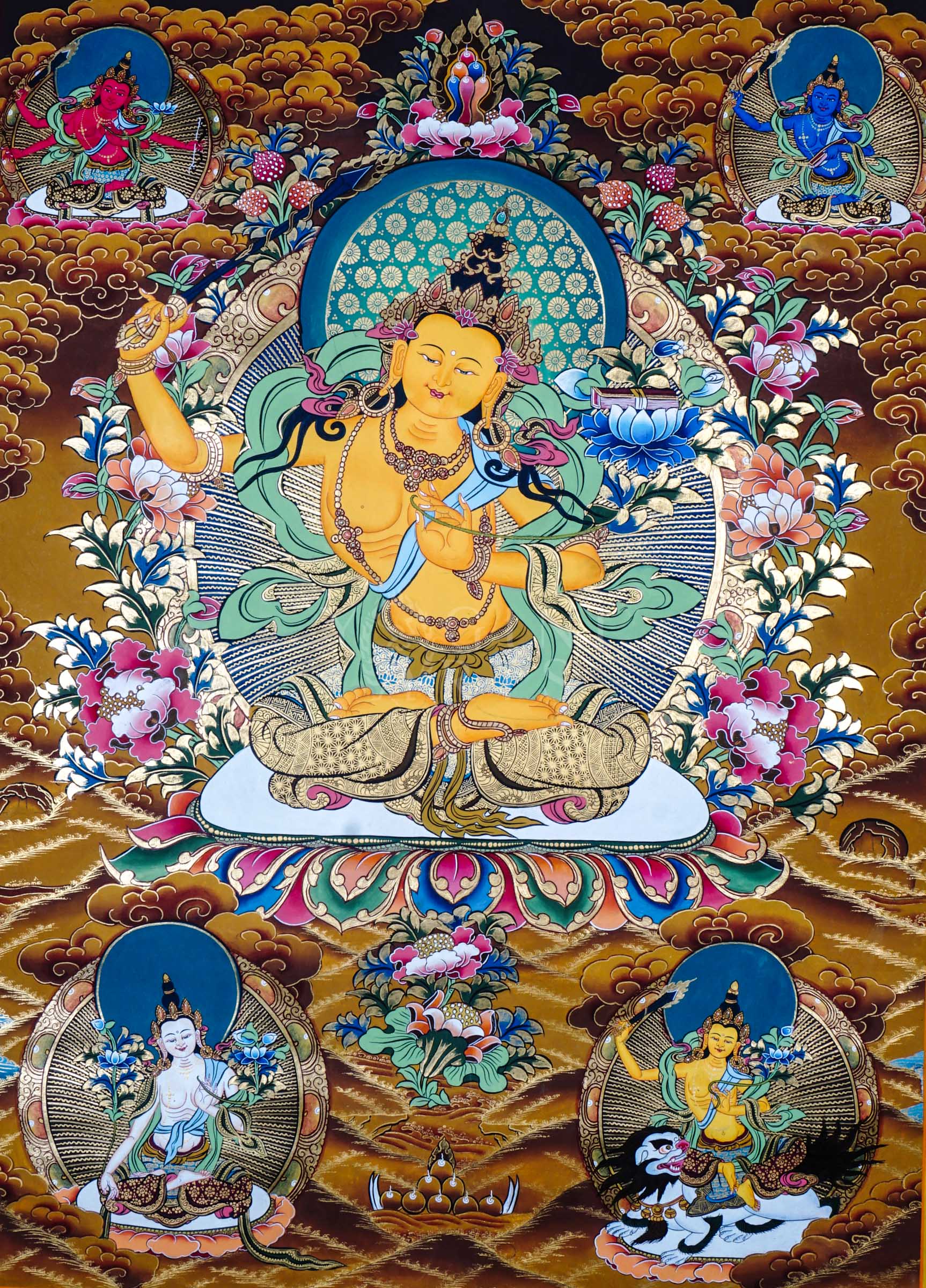 Tibetan thangka of Five Manjushree depicting the central golden Manjushree seated on a lotus throne, surrounded by four forms of Manjushree representing enlightened wisdom, hand-painted with traditional Himalayan iconography