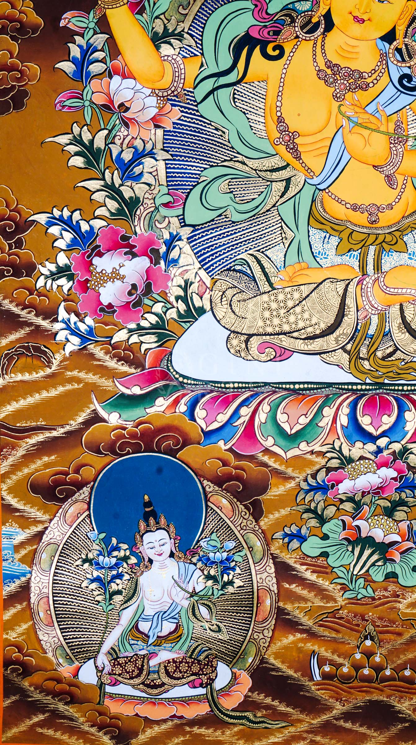 Tibetan thangka of Five Manjushree depicting the central golden Manjushree seated on a lotus throne, surrounded by four forms of Manjushree representing enlightened wisdom, hand-painted with traditional Himalayan iconography