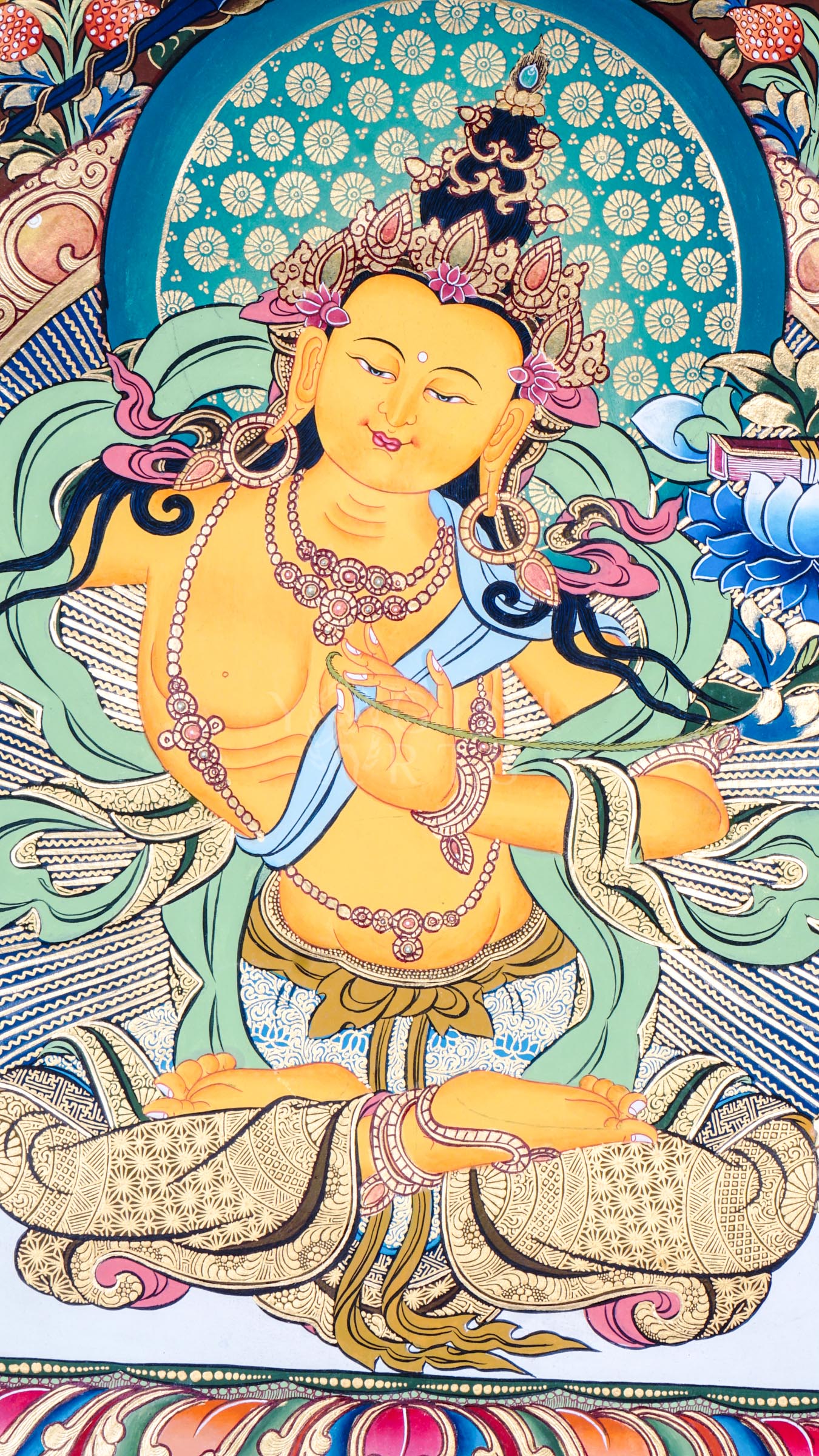 Tibetan thangka of Five Manjushree depicting the central golden Manjushree seated on a lotus throne, surrounded by four forms of Manjushree representing enlightened wisdom, hand-painted with traditional Himalayan iconography