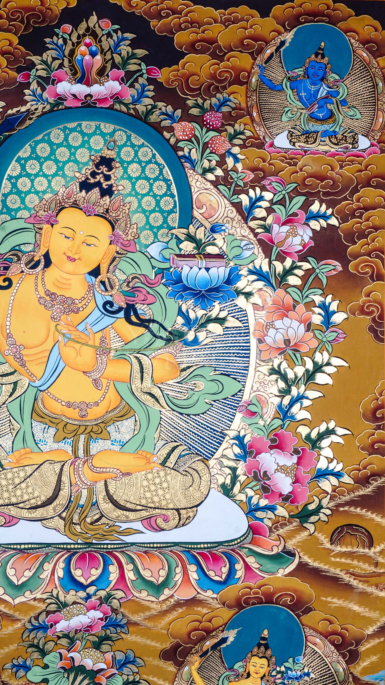Tibetan thangka of Five Manjushree depicting the central golden Manjushree seated on a lotus throne, surrounded by four forms of Manjushree representing enlightened wisdom, hand-painted with traditional Himalayan iconography