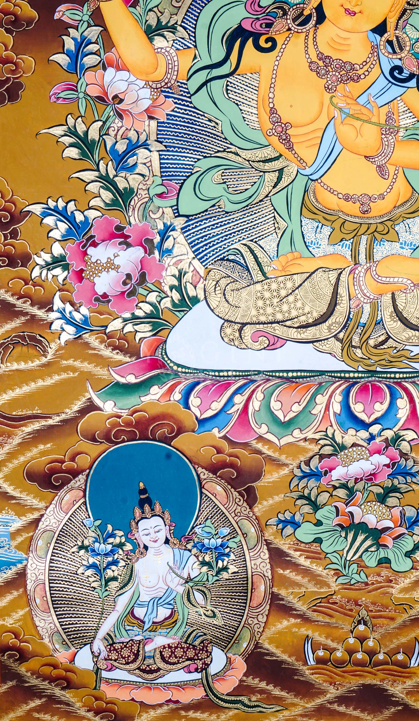 Tibetan thangka of Five Manjushree depicting the central golden Manjushree seated on a lotus throne, surrounded by four forms of Manjushree representing enlightened wisdom, hand-painted with traditional Himalayan iconography
