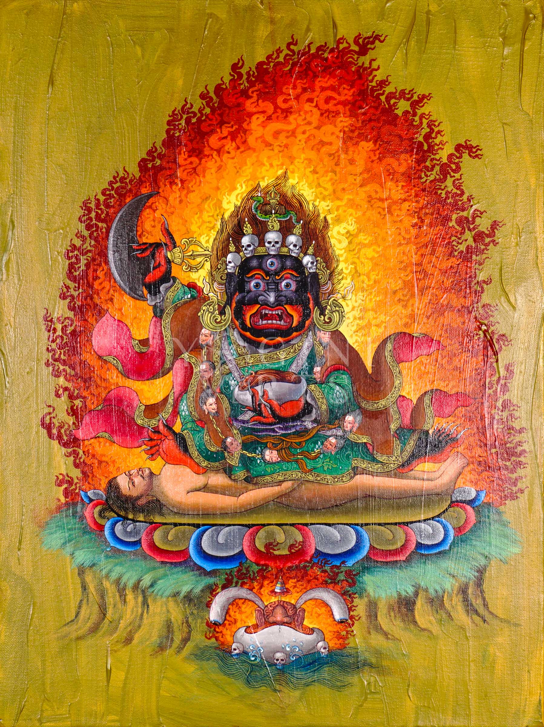 Hand-painted Mahakala oil painting featuring the wrathful Tibetan Buddhist protector deity surrounded by blazing wisdom flames and sacred symbolism.