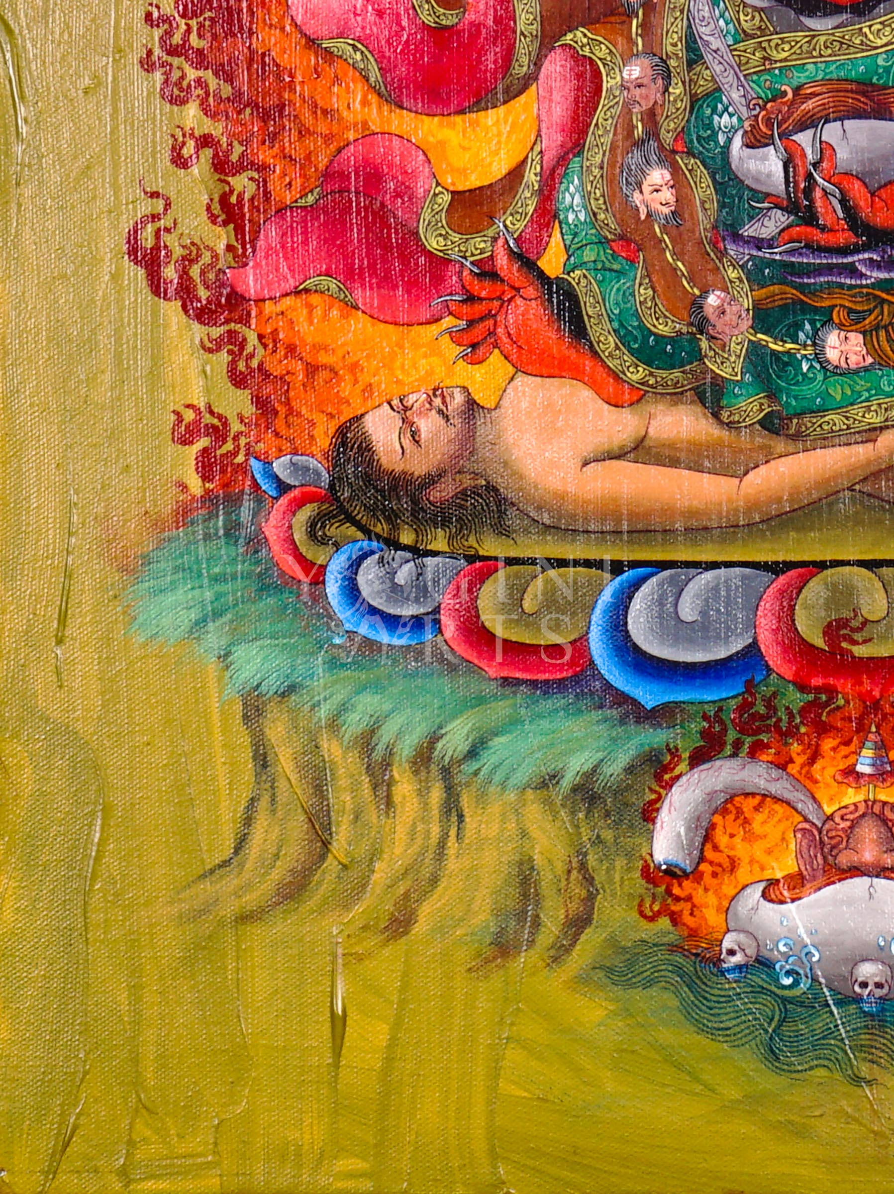Hand-painted Mahakala oil painting featuring the wrathful Tibetan Buddhist protector deity surrounded by blazing wisdom flames and sacred symbolism.
