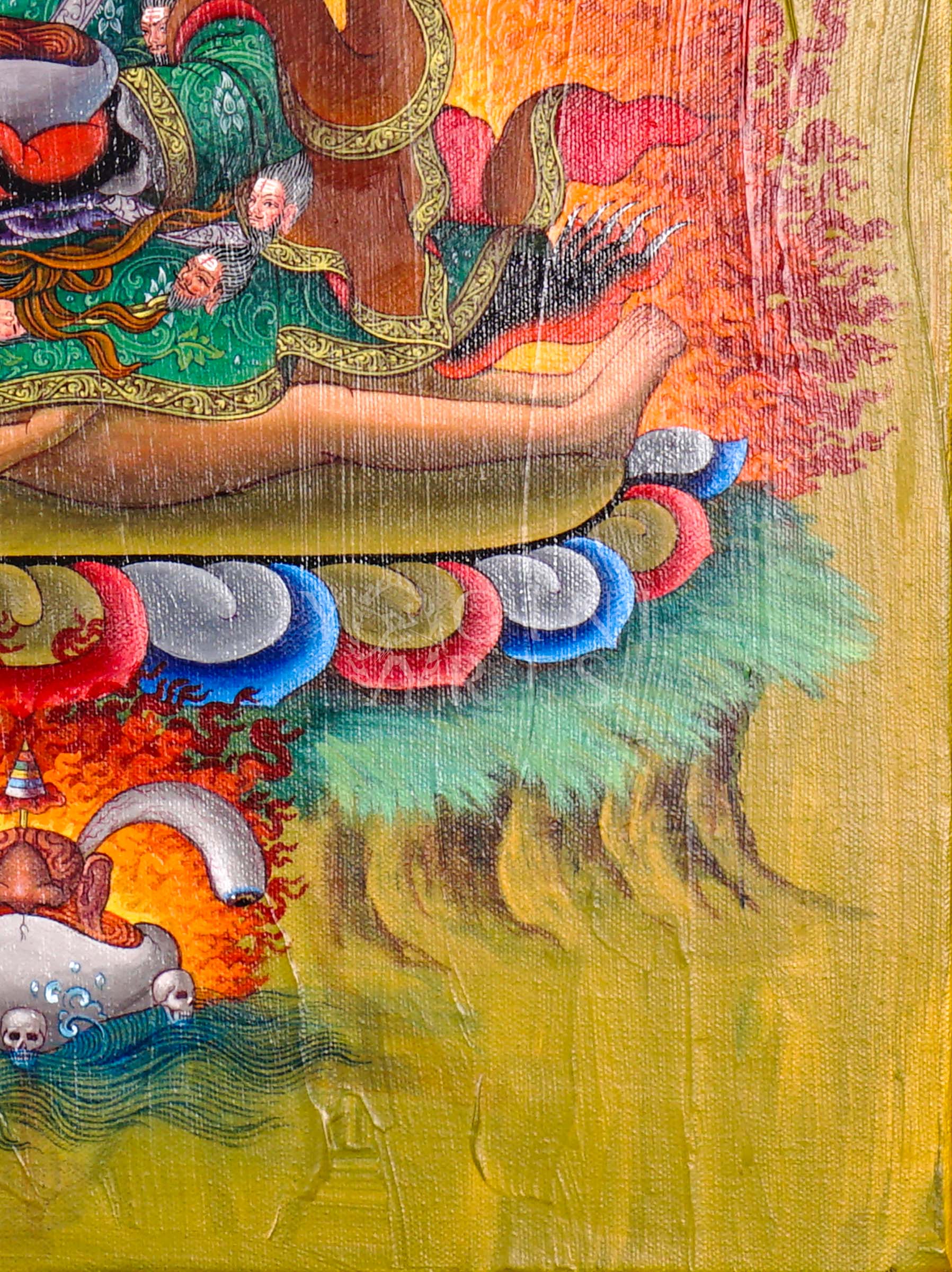 Hand-painted Mahakala oil painting featuring the wrathful Tibetan Buddhist protector deity surrounded by blazing wisdom flames and sacred symbolism.