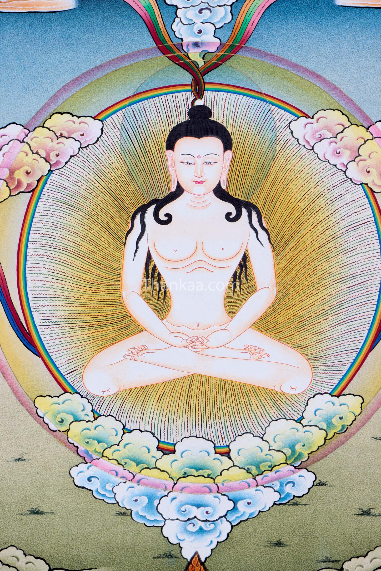 Traditional Tibetan thangka painting depicting Tapihritsa seated in meditation within a radiant circular halo, surrounded by clouds, rainbow light, and symbolic offerings against a soft sky background.