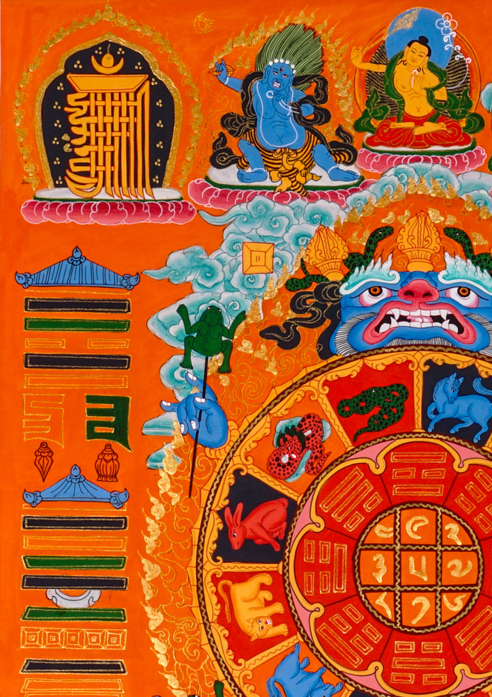 Tibetan astrological calendar mandala thangka with zodiac animals and sacred cosmology diagrams.
