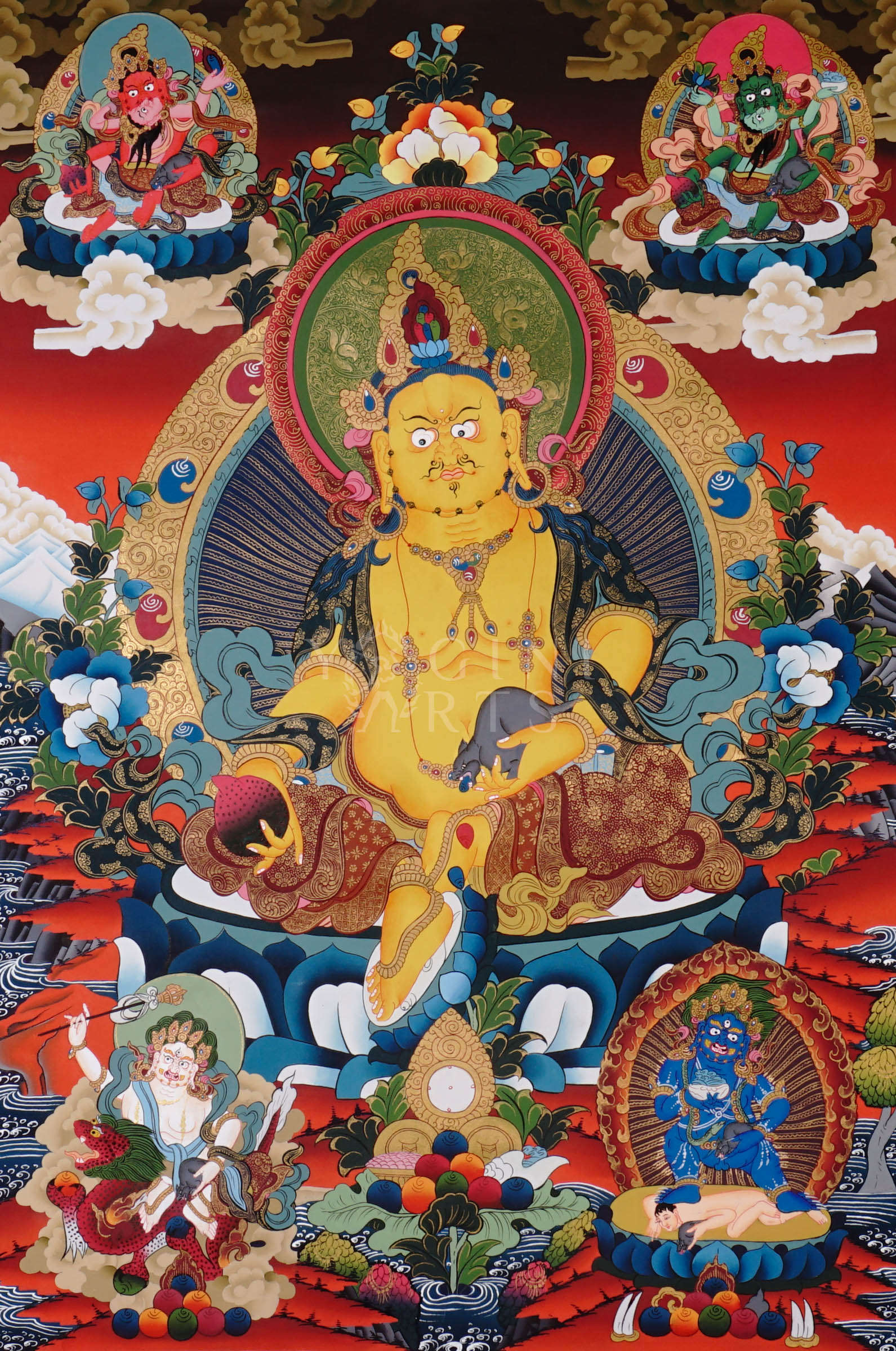 Colorful Yellow Zambhala thangka depicting the Buddhist wealth deity holding a mongoose and jewel vase.