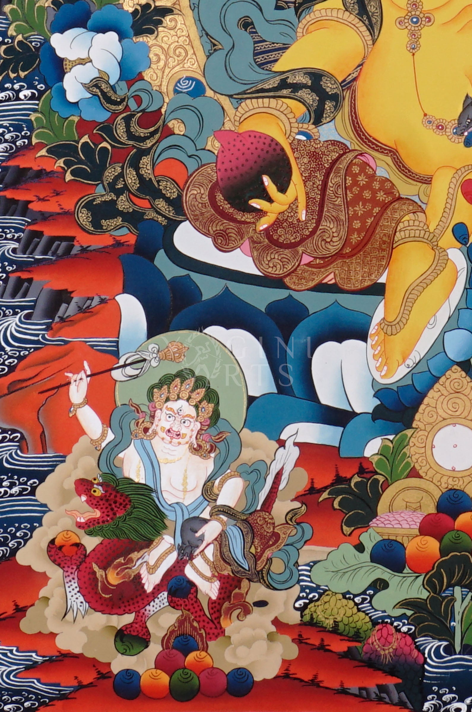 Colorful Yellow Zambhala thangka depicting the Buddhist wealth deity holding a mongoose and jewel vase.