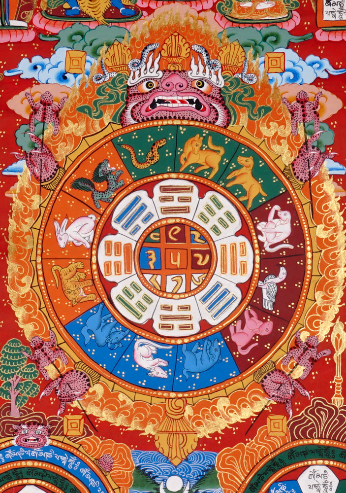 Hand-painted Tibetan astrology calendar thangka with zodiac animals and sacred mandala wheel.