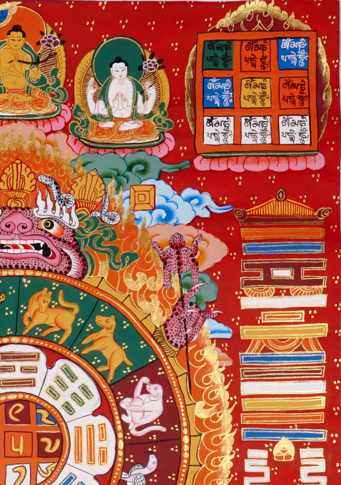 Hand-painted Tibetan astrology calendar thangka with zodiac animals and sacred mandala wheel.