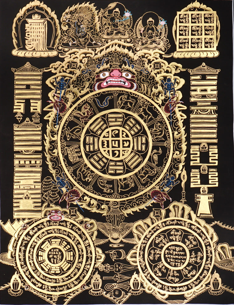 Gold-on-black Tibetan astrology calendar thangka with zodiac animals and sacred mandala wheel.