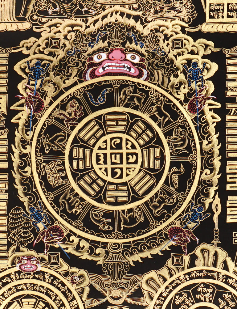 Gold-on-black Tibetan astrology calendar thangka with zodiac animals and sacred mandala wheel.