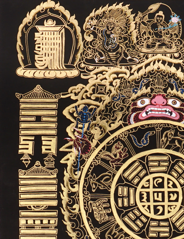 Gold-on-black Tibetan astrology calendar thangka with zodiac animals and sacred mandala wheel.