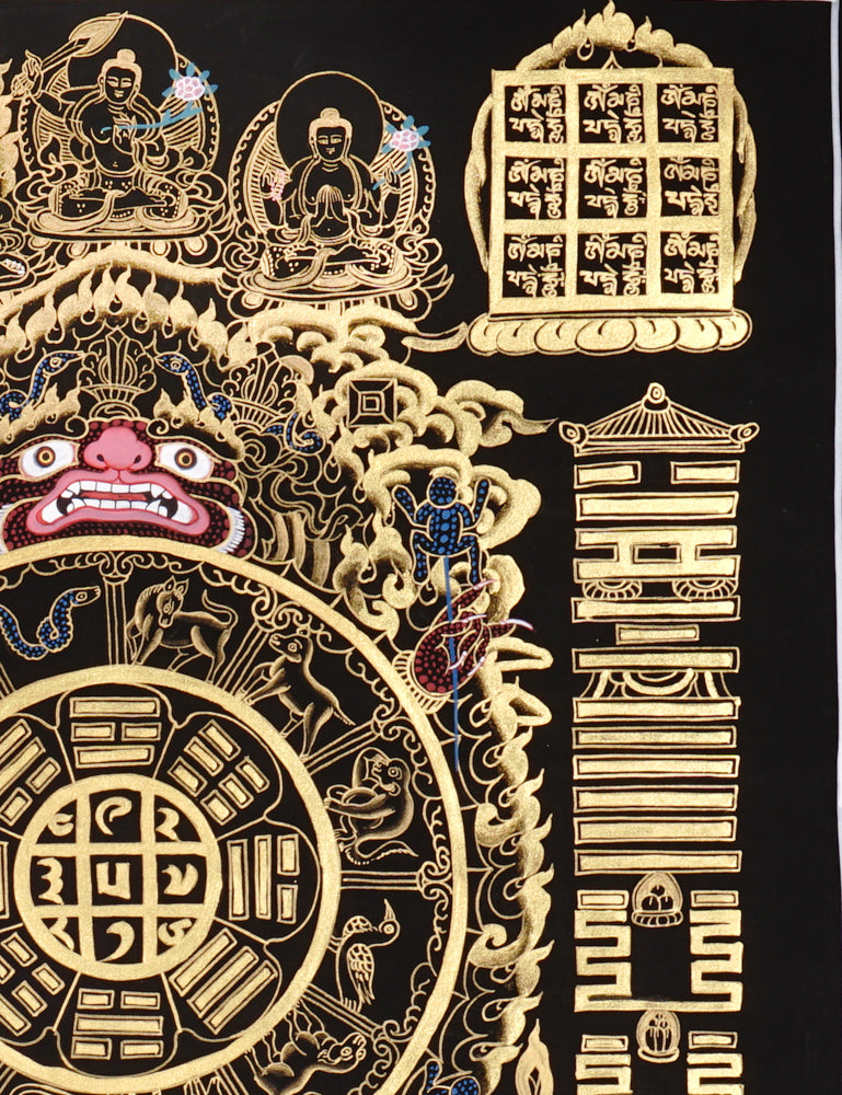 Gold-on-black Tibetan astrology calendar thangka with zodiac animals and sacred mandala wheel.